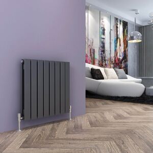 Elegant - 600x608mm Anthracite Horizontal Radiator Central Heating Double Flat Panel Designer Radiator with Angled Radiator Valves