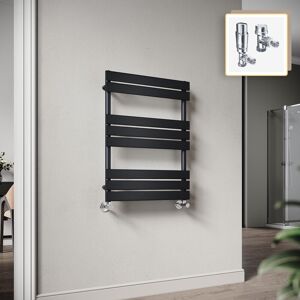 Elegant - 800 x 600mm Heated Towel Rail Black Radiator, Modern Flat Panel Designer Central Heating Towel Warmers + Chrome Thermostatic Radiator Valves