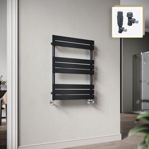 Elegant - 800 x 600mm Heated Towel Rail Black Flat Panel Design Tower Hanger, Modern Bathroom Radiator, Wall Mounted Ladder + Anthracite Thermostatic