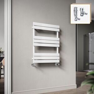 Elegant - 800 x 600mm Heated Towel Rail White Radiator, Modern Flat Panel Designer Central Heating Towel Warmers + Chrome Thermostatic Radiator Valves