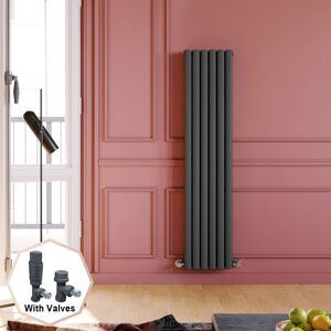 Elegant - Anthracite Horizontal Oval Column Designer Radiator Double Flat Panel Radiator Heater 1600 x 360 mm + Anthracite Thermostatic Radiator