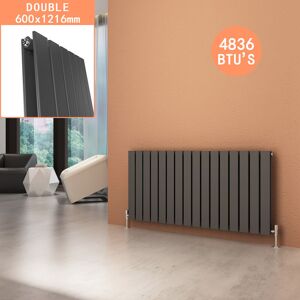 Elegant - Anthracite Designer Radiator 600 x 1216 mm Horizontal Column Double Flat Panel Radiator Heater + Chrome Thermostatic Radiator Valves