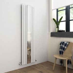 Elegant - Central Heating Radiator 1800 x 500mm Vertical White Oval Column Panel Heating with Mirror + Angled Radiator Valves