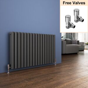 Elegant - Designer Horizontal DoubleColumn Oval Panel Radiator + Angled Radiator Valves 600 x 1003 mm Anthracite Central Heating