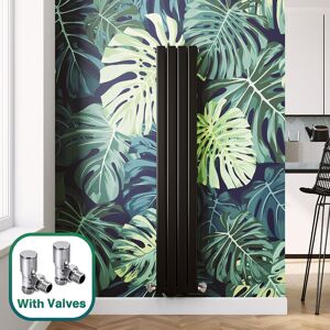 Elegant - Modern Black Flat Panel Central Heating Radiator 1600 x 272mm Vertical Single Panel Rads + Chrome Angled Radiator Valves