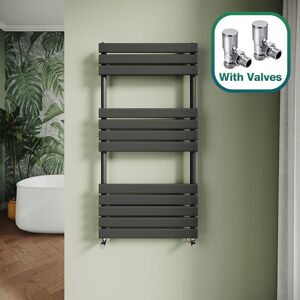 ELEGANT Modern Central Heating Towel Radiator Bathroom Flat Panel Heated Towel Rail 1200x600mm Black + Angled Radiator Valves