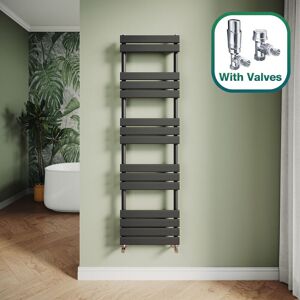 ELEGANT Modern Central Heating Towel Radiator Bathroom Flat Panel Heated Towel Rail 1600x450mm Black + Chrome Thermostatic Radiator Valves