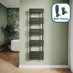 ELEGANT Modern Central Heating Towel Radiator Bathroom Flat Panel Heated Towel Rail 1600x450mm Black + Anthracite Thermostatic Radiator Valves