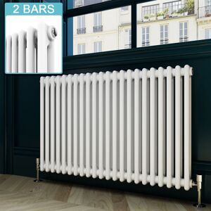 Elegant - Traditional Column Radiator Horizontal White Double Bar Heater Central Heating + Chrome Thermostatic Radiator Valves 600 x 1010mm