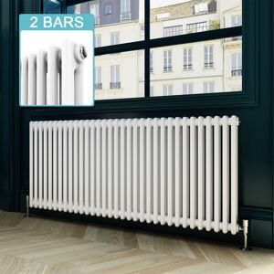 ELEGANT Traditional Column Radiator Horizontal White Double Bar Heater Central Heating + Chrome Thermostatic Radiator Valves 600 x 1484mm