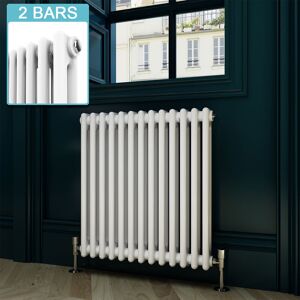 Elegant - Traditional Column Radiator Horizontal White Double Bar Heater Central Heating + Chrome Thermostatic Radiator Valves 600 x 605mm