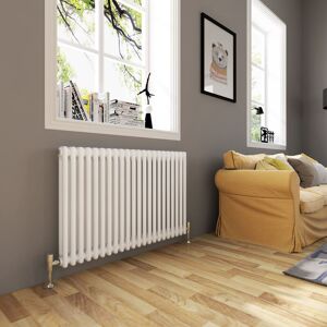 Elegant - Traditional Radiator 600 x 1010mm Horizontal Double Column Cast Iron Style Radiator White + Chrome Thermostatic Radiator Valves