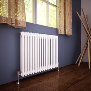 ELEGANT Traditional Radiator 600 x 830mm Horizontal Double Column Cast Iron Style Radiator White + Chrome Thermostatic Radiator Valves