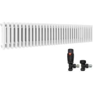 Elegant - Traditional Radiator White 300 x 1505 mm Designer Horizontal Column Radiator Cast Iron Style Triple Rads and Anthracite Thermostatic