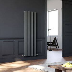 Elegant - Vertical Column Designer Radiator Anthracite Oval Double Panel Rad 1600 x 472mm + Angled Radiator Valves