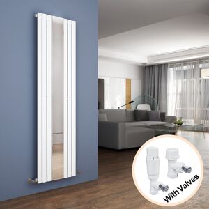 Elegant - Vertical Mirror Radiator 1800 x 500mm Designer White Oval Column Panel Heating Rad with White Thermostatic Radiator Valves