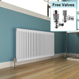 Elegant - White 600 x 1164 mm Traditional Radiator Cast Iron Style Horizontal Radiator White Double Horizontal Column Radiators + Chrome Thermostatic