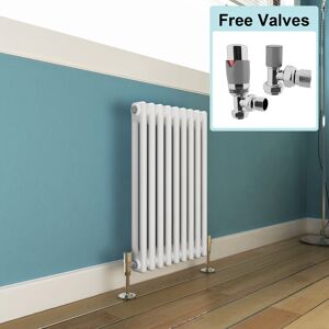 Elegant - White 600 x 425 mm Traditional Radiator Cast Iron Style Horizontal Radiator White Double Horizontal Column Radiators + Chrome Thermostatic