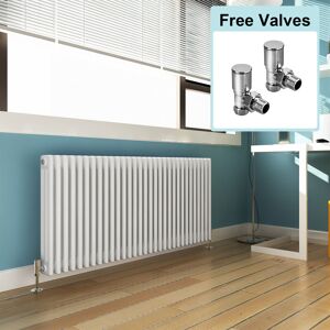 Elegant - 600 x 1400 mm Traditional Radiator Cast Iron Style Horizontal Radiator White Triple Horizontal Column Radiators + Angled Radiator Valves