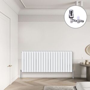 NRG - Flat Panel Designer Radiator White + Chrome Angled trv Thermostatic Radiator Valves Horizontal 600x1428mm Double