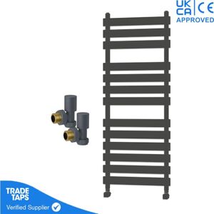 Gravahaus - Designer Marvella Anthracite Flat Panel Towel Radiator Heated Ladder Rail - 1300 x 500mm - Angled Manual Round Valve Pair