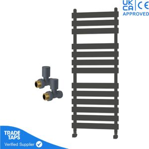 Gravahaus - Designer Marvella Anthracite Flat Panel Towel Radiator Heated Ladder Rail - 1300 x 500mm - Straight Manual Round Valve Pair