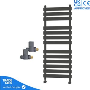 Gravahaus - Designer Marvella Anthracite Flat Panel Towel Radiator Heated Ladder Rail - 1300 x 500mm - Straight Manual Square Valve Pair