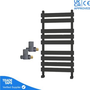 Gravahaus - Designer Marvella Anthracite Flat Panel Towel Radiator Heated Ladder Rail - 950 x 500mm - Straight Manual Square Valve Pair