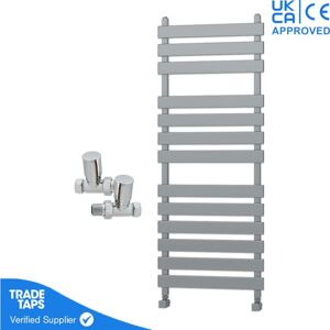 Gravahaus - Designer Marvella Chrome Flat Panel Towel Radiator Heated Ladder Rail - 1300 x 500mm - Straight Manual Round Valve Pair