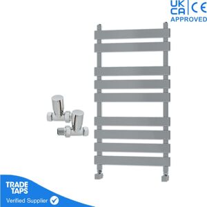 Gravahaus - Designer Marvella Chrome Flat Panel Towel Radiator Heated Ladder Rail - 950 x 500mm - Straight Manual Round Valve Pair