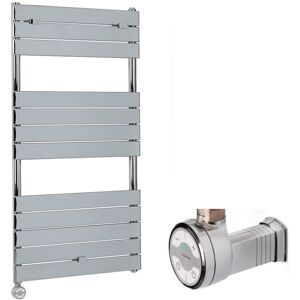 Milano - Lustro Electric - Modern Chrome Flat Panel Heated Towel Rail Radiator with Thermostatic Heating Element and Cable Cover - 1213mm x 600mm