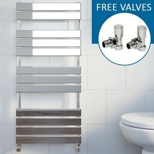 Duratherm - Chrome Flat Panel Heated Towel Rail Bathroom Radiator 1200 x 600mm Angled Valve