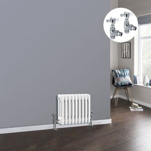 NRG - White 3 Column Traditional Cast Iron Style Radiator with Chrome Angled Cross Head Manual Valves Horizontal 300x427mm