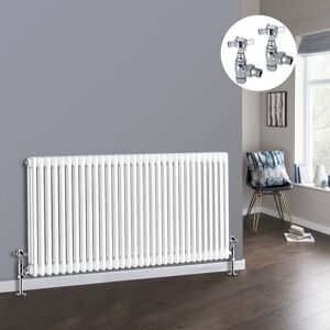 NRG - White 3 Column Traditional Cast Iron Style Radiator with Chrome Angled Cross Head Manual Valves Horizontal 600x1462mm