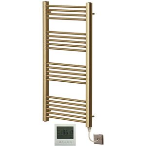 Greenedhouse - York Flat Brushed Brass Electric Towel Rail 500mm Wide x 1200mm High + 7 Day Timer/Thermostat