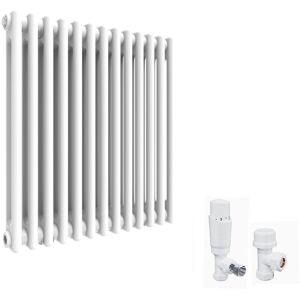 Elegant - 600 x 592 mm Traditional Cast Iron Style Horizontal Radiator with White Double Column and White Thermostatic Radiator Valves Elegant - 600 x 592 mm Traditional Cast Iron Style Horizontal Radiator with White Double Column and White Thermostatic Radiator Valves