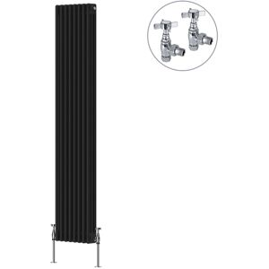 NRG - Black Traditional Cast Iron Style Radiator with Chrome Angled Cross Head Manual Valves Vertical 3 Column 1800x382mm NRG - Black Traditional Cast Iron Style Radiator with Chrome Angled Cross Head Manual Valves Vertical 3 Column 1800x382mm