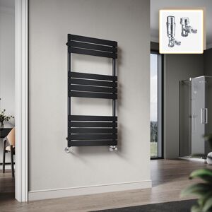 Elegant 1200 x 600mm Heated Towel Rail Black Radiator, Modern Flat Panel Designer Central Heating Towel Warmers + Chrome Thermostatic Radiator Valves Elegant 1200 x 600mm Heated Towel Rail Black Radiator, Modern Flat Panel Designer Central Heating Towel Warmers + Chrome Thermostatic Radiator Valves