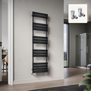 Elegant 1600 x 450mm Heated Towel Rail Black Radiator, Flat Panel Design Tower Hanger, Wall Mounted Ladder + Angled Radiator Valves Elegant 1600 x 450mm Heated Towel Rail Black Radiator, Flat Panel Design Tower Hanger, Wall Mounted Ladder + Angled Radiator Valves