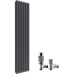 Anthracite Radiators Double 1600 x 360mm Oval Column Kitchen Panel Heater Designer Vertical Radiator + Chrome Thermostatic Radiator Valves - Elegant Anthracite Radiators Double 1600 x 360mm Oval Column Kitchen Panel Heater Designer Vertical Radiator + Chrome Thermostatic Radiator Valves - Elegant