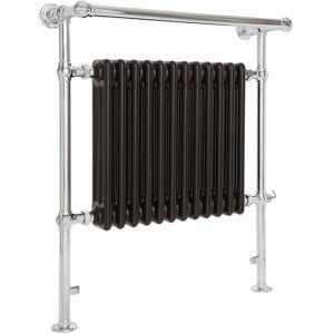 Elizabeth - Traditional 930mm x 790mm Electric Heated Towel Rail Radiator with Cast Iron Style Insert and Overhanging Rail - Chrome and Black - Milano Elizabeth - Traditional 930mm x 790mm Electric Heated Towel Rail Radiator with Cast Iron Style Insert and Overhanging Rail - Chrome and Black - Milano