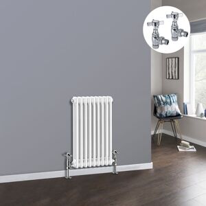 NRG - White 2 Column Traditional Cast Iron Style Radiator with Chrome Angled Cross Head Manual Valves Horizontal 600x425mm NRG - White 2 Column Traditional Cast Iron Style Radiator with Chrome Angled Cross Head Manual Valves Horizontal 600x425mm