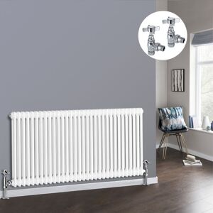 NRG White 2 Column Traditional Cast Iron Style Radiator with Chrome Angled Cross Head Manual Valves Horizontal 600x1460mm NRG White 2 Column Traditional Cast Iron Style Radiator with Chrome Angled Cross Head Manual Valves Horizontal 600x1460mm