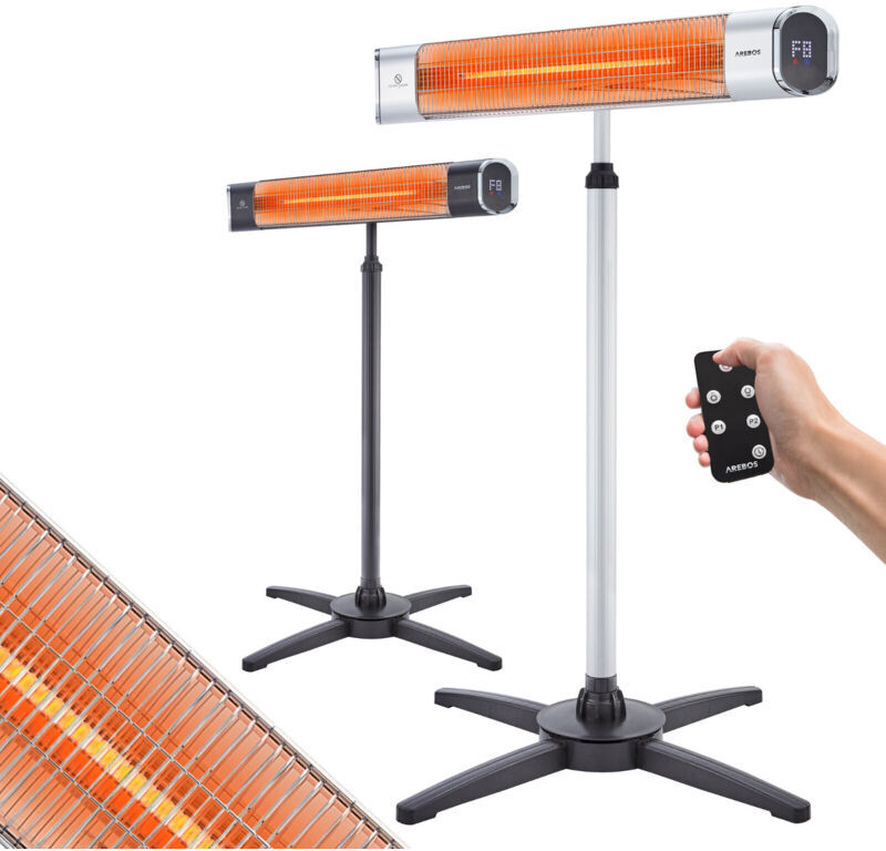 AREBOS Infrared Heater 2000 W with Remote Control with Tripod Height Adjustable 60° Tilt Angle Swivelling 2 Heat Settings Includes Wall Mount Indoor