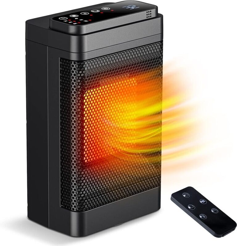 TINOR Electric Heater, 1500W Mini Ceramic Heater, Fan Heater with Remote Control, 70°Oscillation, 24H Timer Adjustable Thermostat, 3 Modes for Office,