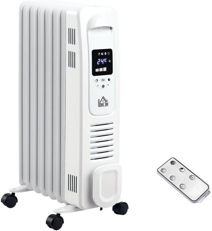 Homcom - 1500W Oil Filled Radiator, 7 Fin Portable Heater w/ Timer Remote Control White