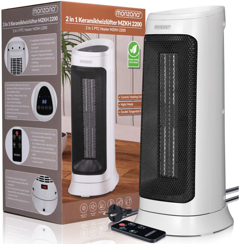 Monzana - 2000W Ceramic Fan Heater 4 Modes 15-40°C Temperature Range Energy Saving 120° Oscillation Timer Remote Control White