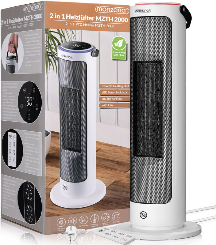 Monzana - 2kW Oscillating Ceramic Fan Heater 4 Mode 15-35°C Timer, Remote Control