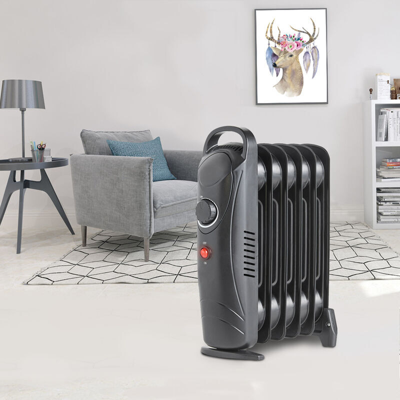 NRG - Oil Filled Radiator Portable Electric Heater Thermostat Mini 6 Fin 800W Black