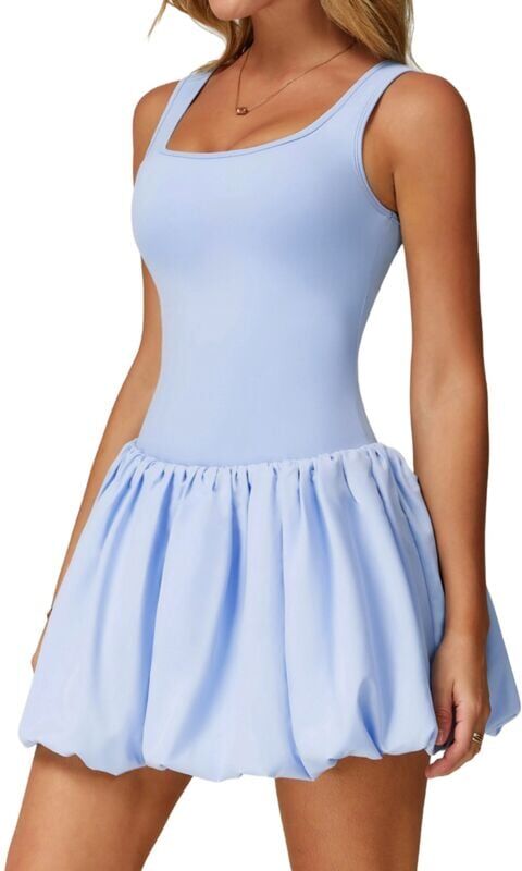 TLILY Womens Bubble Tennis Dress Squre Neck Sleeveless Workout Golf Athletic Dresses Build in Shorts with Pockets Light Blue L